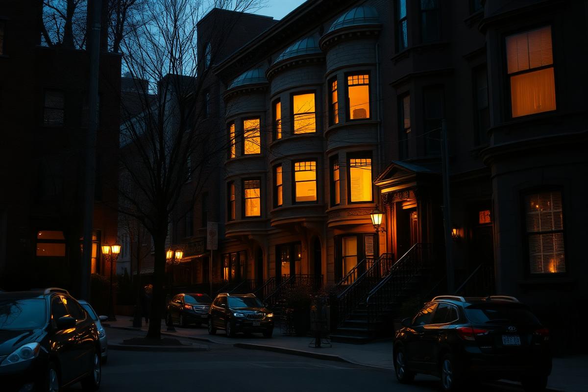 Brooklyn brownstone street at dusk