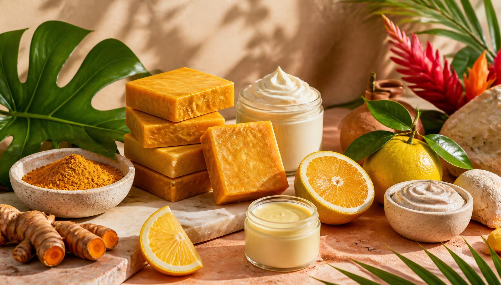 ByenBlan handmade turmeric soaps and cream jars with tropical fruit